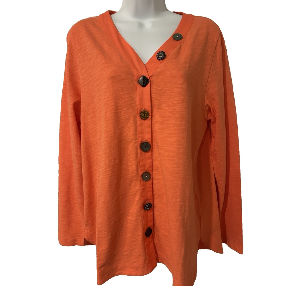 Soft Surroundings Orange Cardigan Sweater M 100% Cotton Knit Artsy Buttons